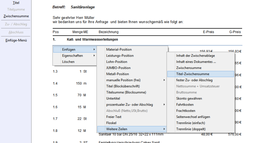 Dokumentbearbeitung Einfügemenü