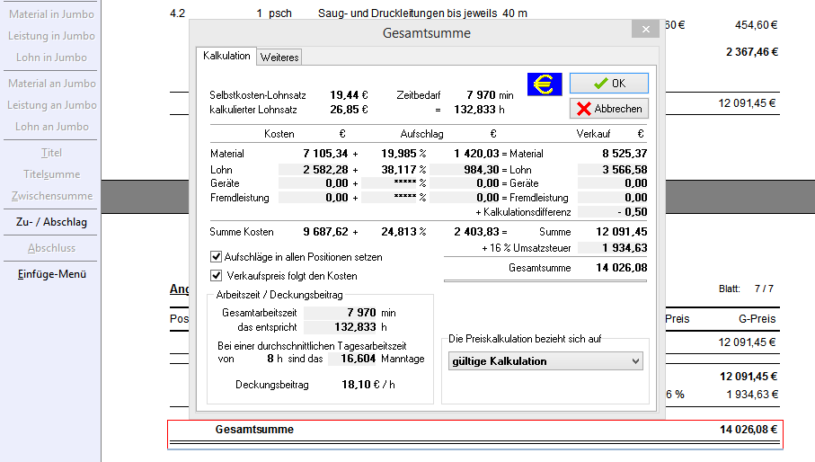 Kalkulationsfenster Summe